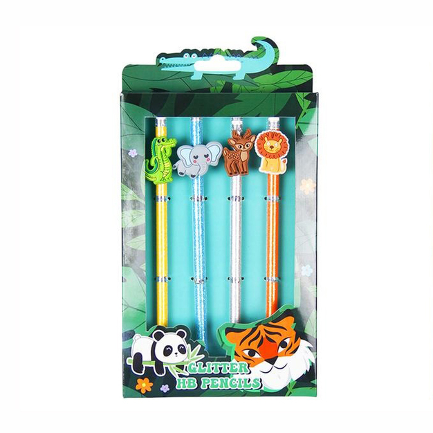 Glitter Pencil With Topper - Set/4 - Jungle
