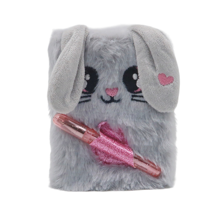 Mini Plush Notebook And Glitter Pen Set - Grey Rabbit