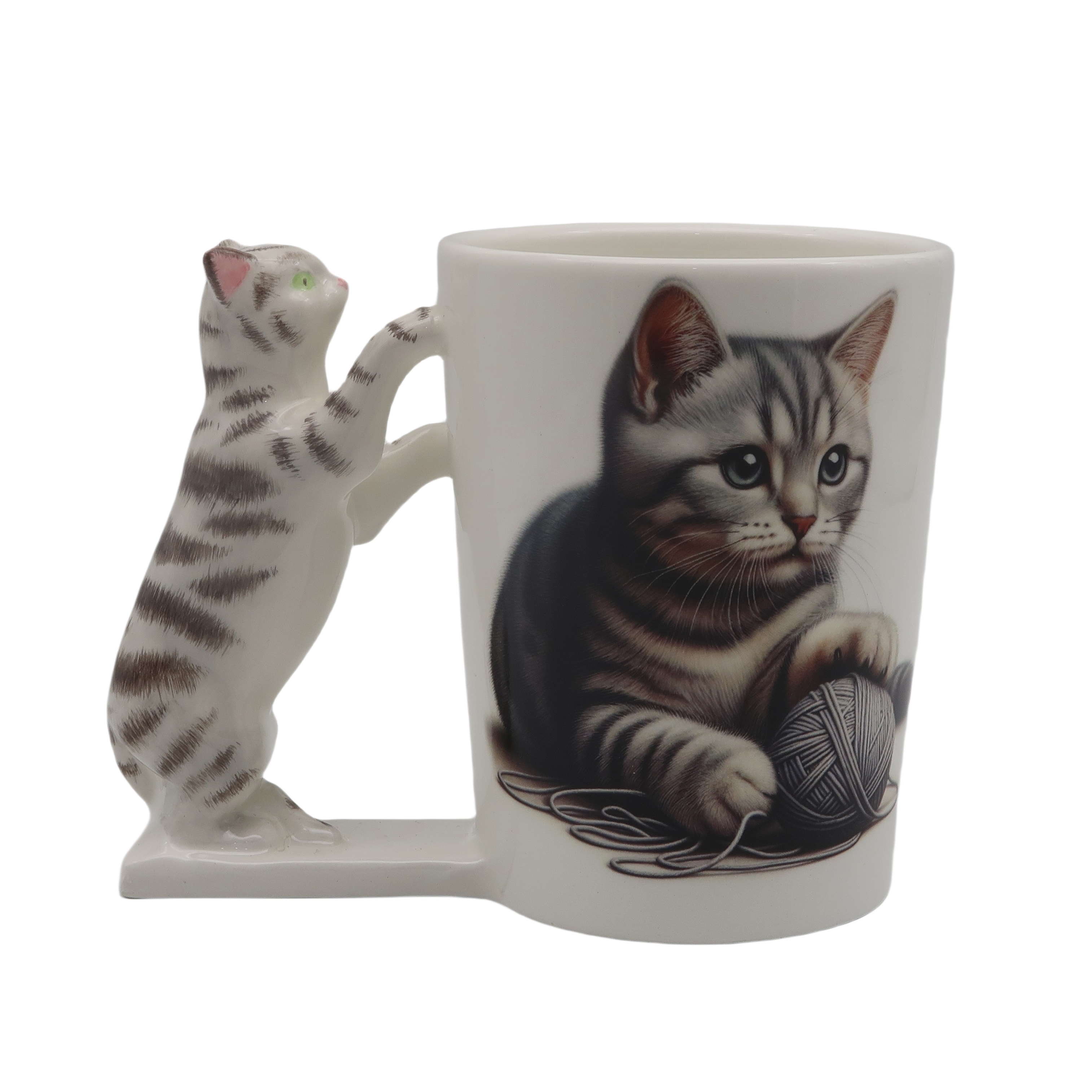 Realistic Grey Cat Shaped Handle Mug