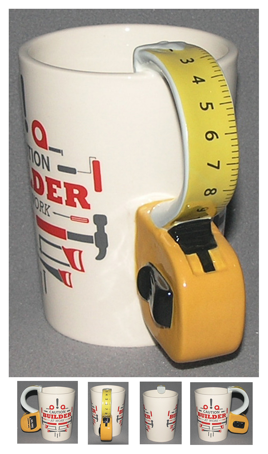 Tape Measure Shaped Handle Mug - Caution Builder Decal