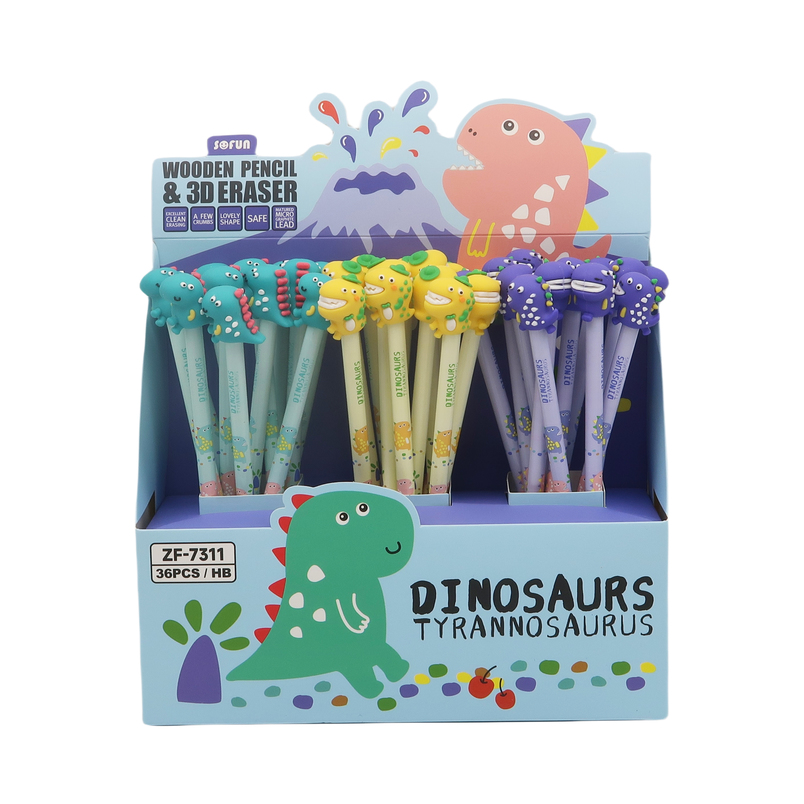 Dinosaur Wooden Pencil And 3D Eraser - 3 Assorted
