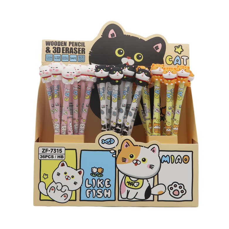 Cat - Wooden Pencil And 3D Eraser - 3 Assorted
