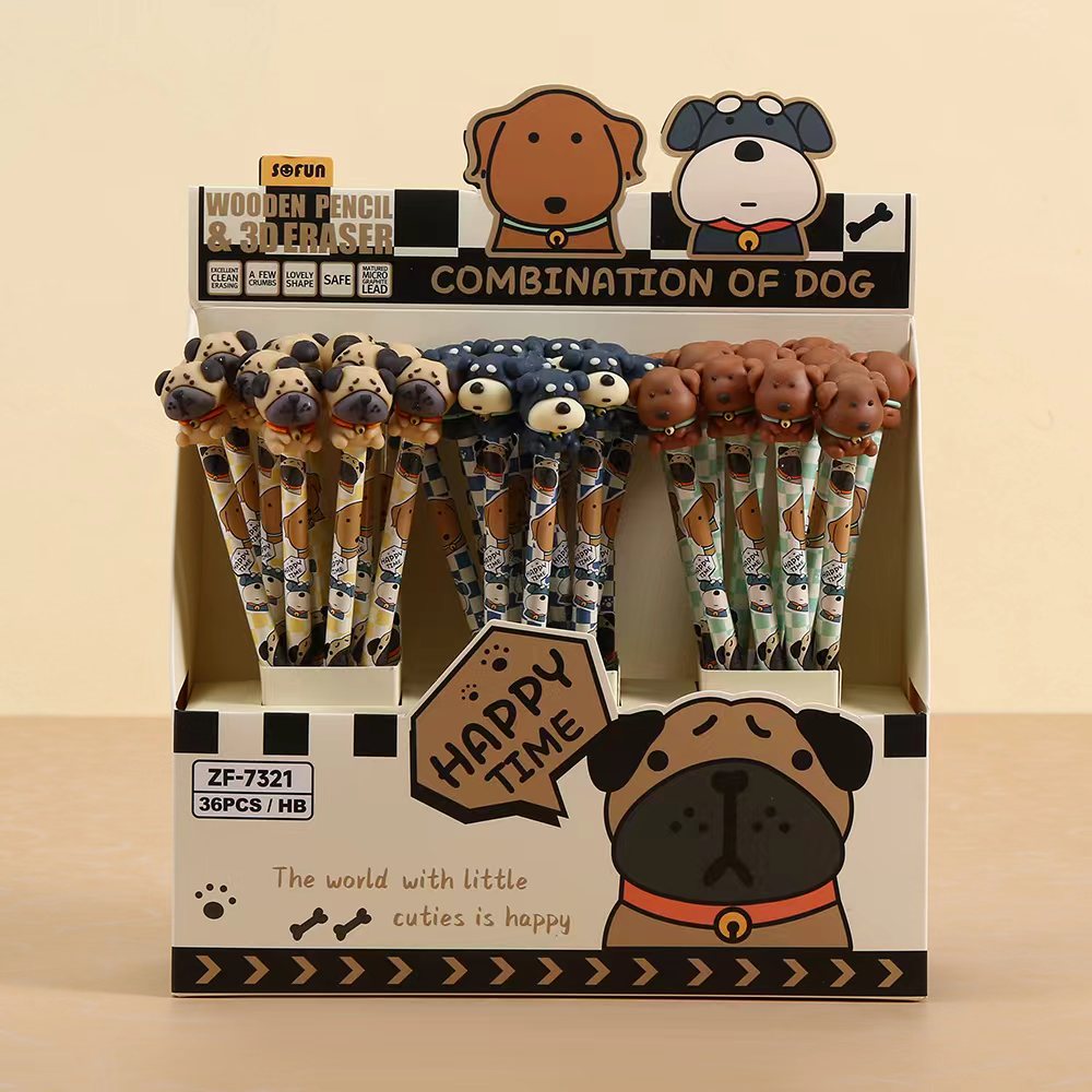 Combination Of Dog - Wooden Pencil With Eraser - 3 Assorted