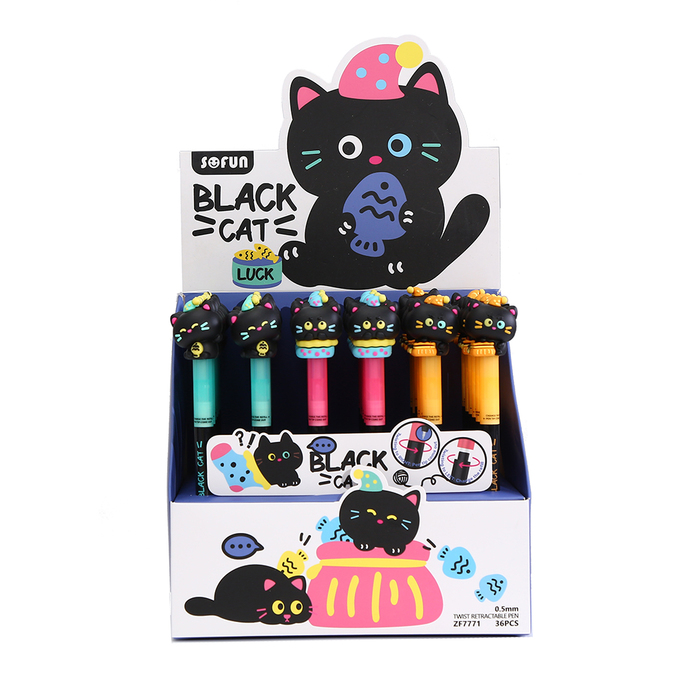 Black Cat Twist Retractable Pen, 3 Assorted