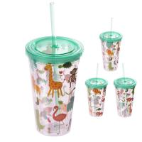  Cups - Plastic Double Walled Cup with Straw and Lid Zoo Animals 
