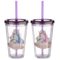  Plastic Double Walled Cup with Straw and Lid Unicorn 500ml 
