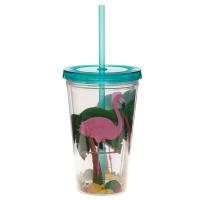  Plastic Double Walled Cup with Straw and Lid Flamingo 500ml 