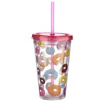  Plastic Double Walled Cup with Straw and Lid Donut 500ml 