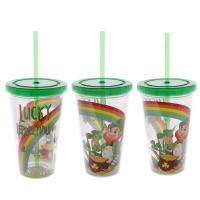  Plastic Double Walled Cup with Straw and Lid Leprechaun 500ml 