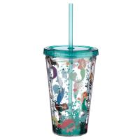  Plastic Double Walled Cup with Straw and Lid Mermaid 500ml 