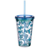  Plastic Double Walled Cup with Straw and Lid Shark 500ml 