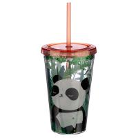  Plastic Double Walled Cup with Straw and Lid Panda 500ml 