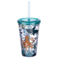  Plastic Double Walled Cup with Straw and Lid Sealife 500ml 
