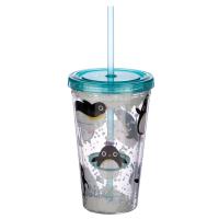  Plastic Double Walled Cup with Straw and Lid Penguin 500ml 