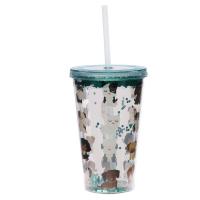  Plastic Double Walled Cup with Straw and Lid Dog 500ml 