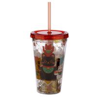 Plastic Double Walled Cup with Straw and Lid Lucky Cat 