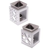  Ceramic and Wood Oil Burner - Metallic Silver and Fretwork 