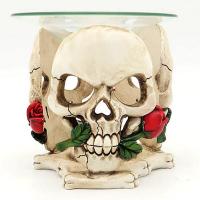  Three Sided Oil Burner with Glass Dish Skull with Rose 