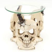  Three Sided Oil Burner with Glass Dish Skull with Dagger 