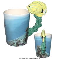  Butterfly Fish Shaped Handle Mug Yellow & Blue Lines 